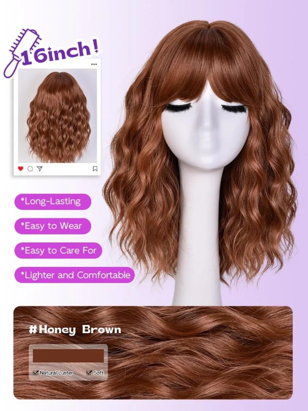 Women's Honey Brown 14 Inch Natural Synthetic Short Curly Wavy Fiber Wigs
